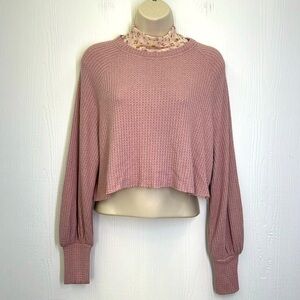 Free People - Light Pink Floral MockNeck Waffle Long Sleeve Crop Top Size XS